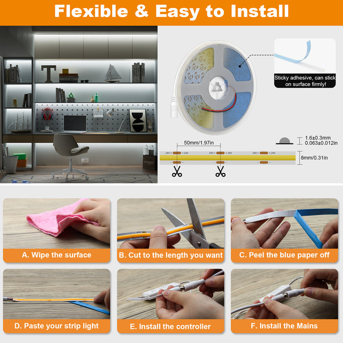 PAUTIX 24V COB LED Strip Lights Kit,32.8ft/10m 6000K