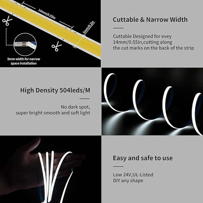 PAUTIX 24V COB LED Strip Lights,16.4ft/5m 6000K