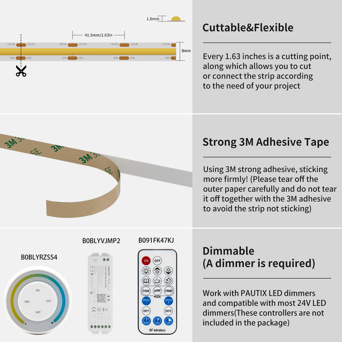 PAUTIX 24V COB LED Strip Lights,20ft/6.1m 2000K