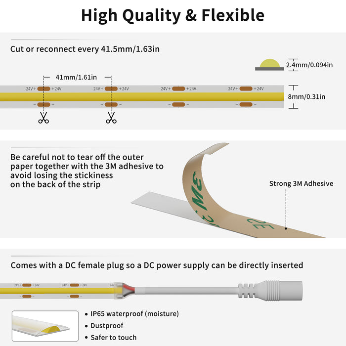 PAUTIX 24V COB LED Strip Lights,20ft/6.1m 6000K,IP65 Waterproof