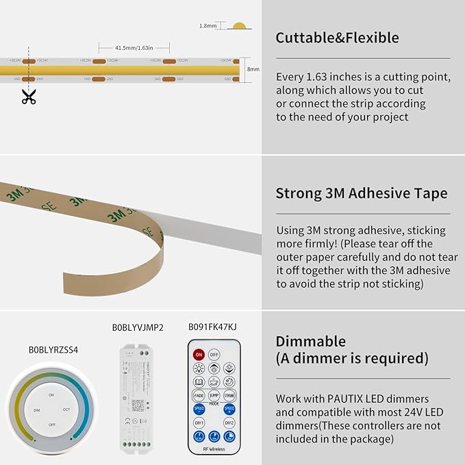 PAUTIX 24V COB LED Strip Lights,24ft/7.5m 3000K