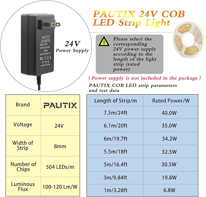 PAUTIX 24V COB LED Strip Lights,24ft/7.5m 3000K