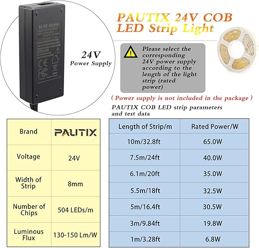 PAUTIX 24V COB LED Strip Lights,32.8ft/10m 6000K, 5040LEDs