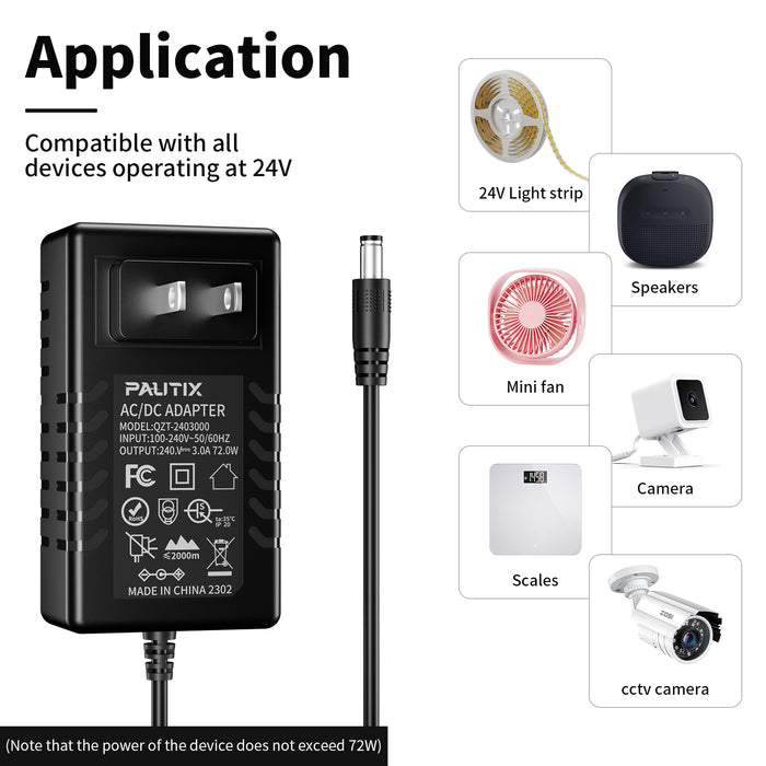 PAUTIX 24V DC Power Supply Adapter 24Volt 3A 72W