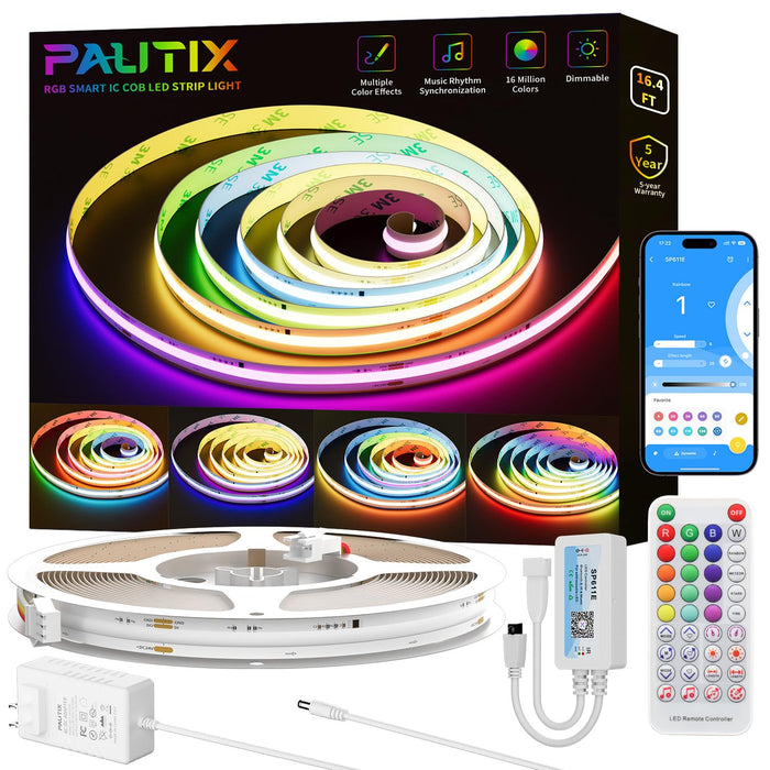 PAUTIX 24V RGB Smart IC COB LED Strip Lights Kit,16.4ft/5m Addressable