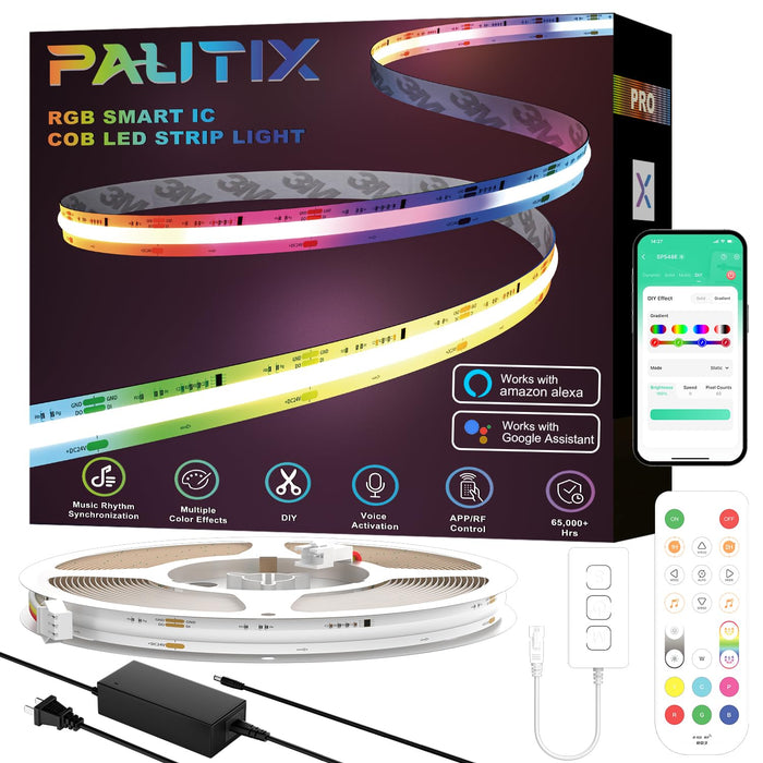 PAUTIX  24V RGB Smart IC COB LED Strip Lights Kit,24ft/7.5m,Work with Alexa/Google Assistant