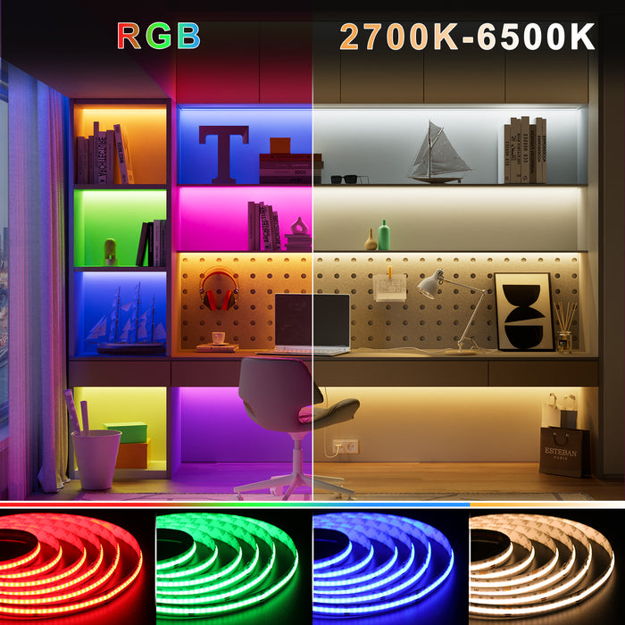 PAUTIX 24V RGB+CCT COB LED Strip Lights, 24ft/7.5m Color Temperature 2700K-6500K