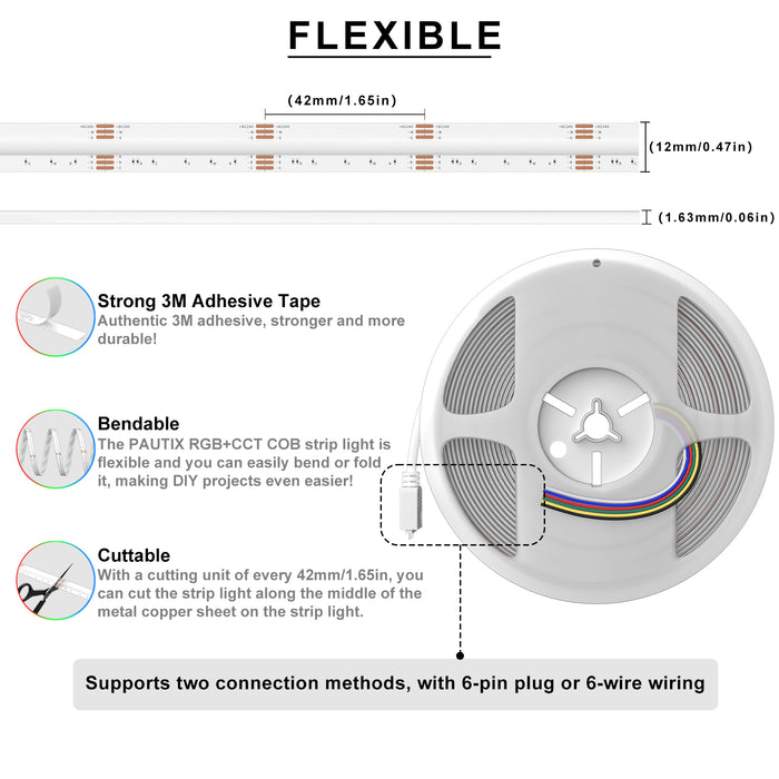 PAUTIX 24V RGB+CCT COB LED Strip Lights, 24ft/7.5m Color Temperature 2700K-6500K
