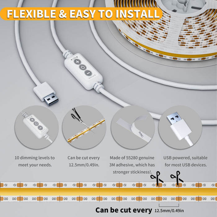 PAUTIX 5V USB COB LED Strip Lights, 6.56ft/2m 4000K,640LEDs
