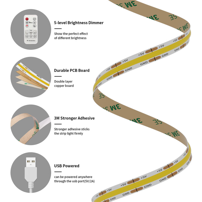 PAUTIX 5V USB COB LED Strip Lights ,6.56ft/2m Dimmable 6000K,640LEDs