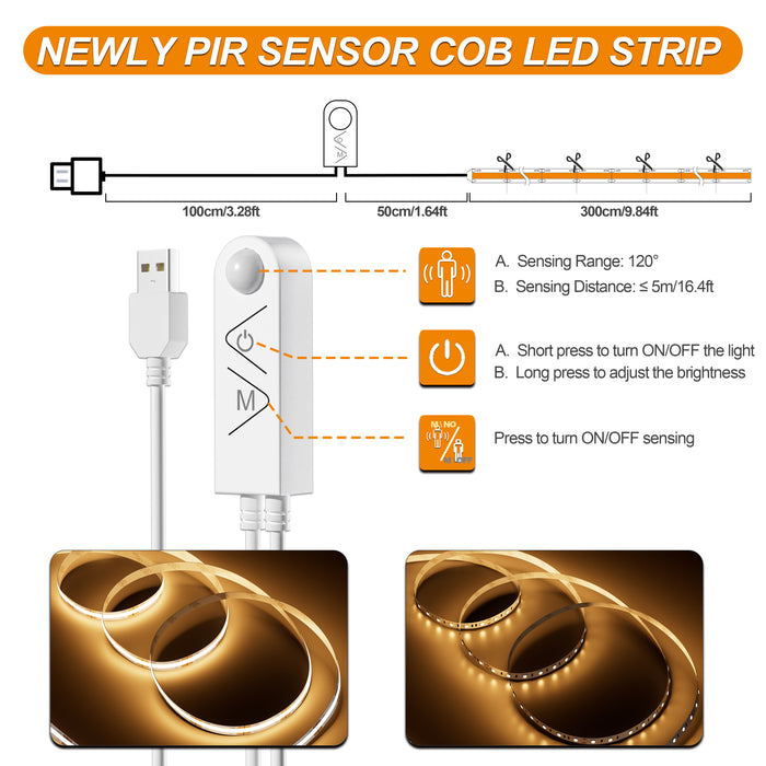 PAUTIX 5V USB COB LED Strip Lights with Motion Sensor, 6.56ft/2m Dimmable 2700K