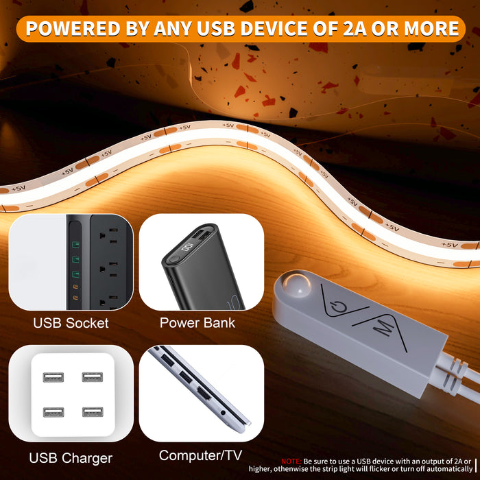 PAUTIX 5V USB COB LED Strip Lights with Motion Sensor, 9.84ft/3m Dimmable 2700K