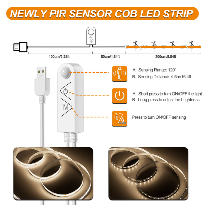 PAUTIX 5V USB COB LED Strip Lights with Motion Sensor,6.56/2m Dimmable 4000K