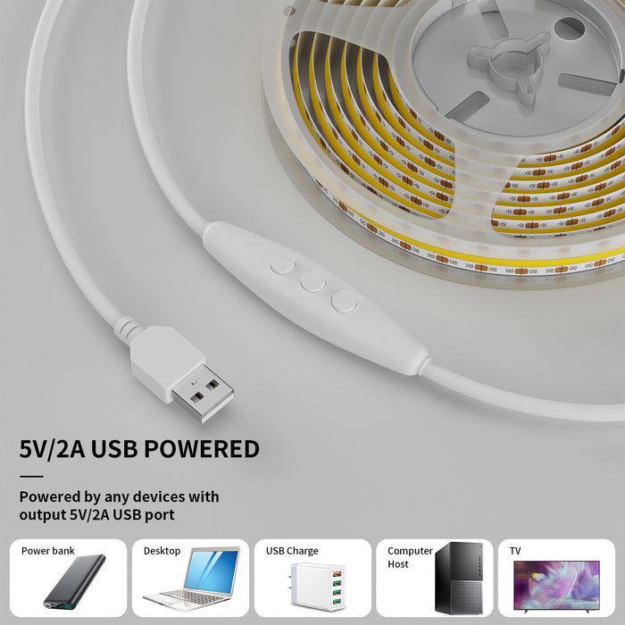 PAUTIX 5V USB COB LED Strip Lights,6.56ft/2m Dimmable 4000K,640LEDs