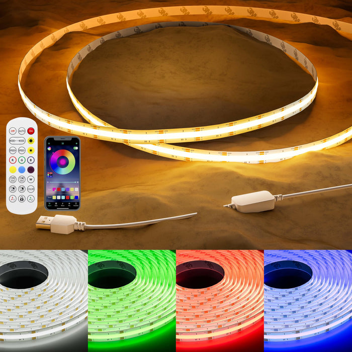 PAUTIX 5V USB RGB COB LED Strip Lights,4.92ft/1.5m,with Bluetooth Control