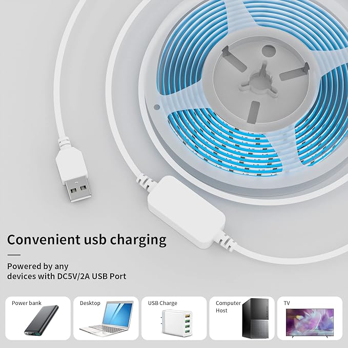 PAUTIX 5V USB RGB COB LED Strip Lights,4.92ft/1.5m,with Bluetooth Control