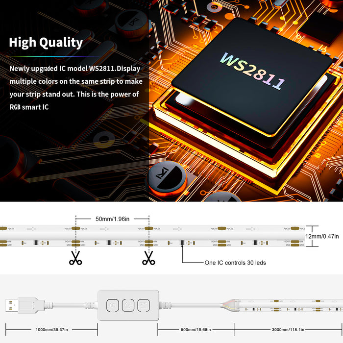 PAUTIX 5V USB RGB Smart IC COB LED Strip Lights,9.84ft/3m,Work with Alexa/Google Assistant