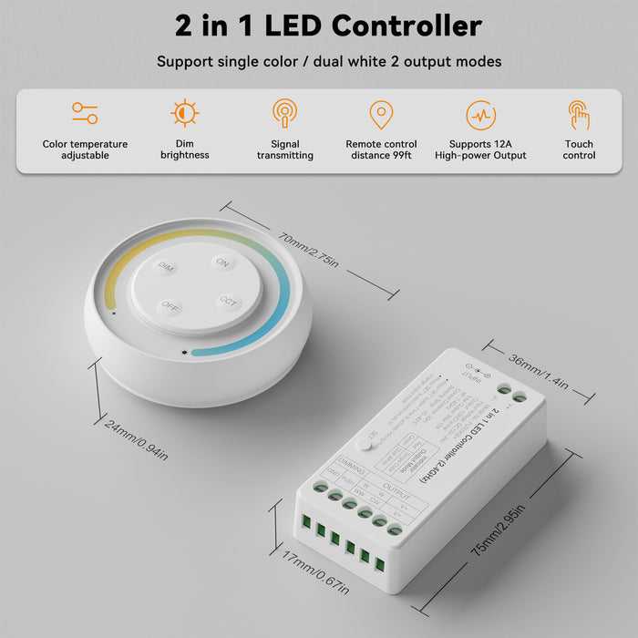  PAUTIX Controller Kit,2.4G RF Wireless Remote Control,2in-1 LED Controller/Dimmer,for Single Color+CCT LED Strip Light(without Battery)