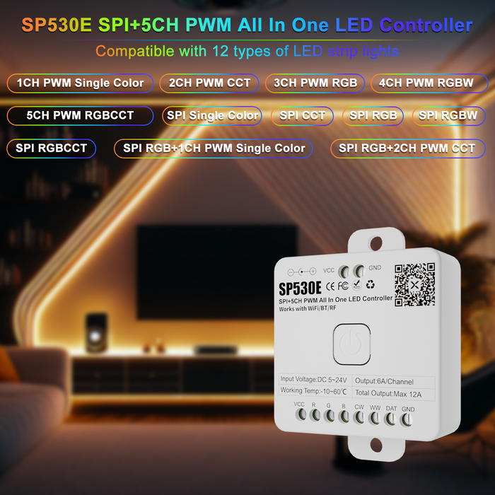 PAUTIX SP530E WiFi Alexa Bluetooth LED Controller Support PWM Monochrome CCT RGB RGBW RGBCCT or SPI TTL IC Chip LED Strip