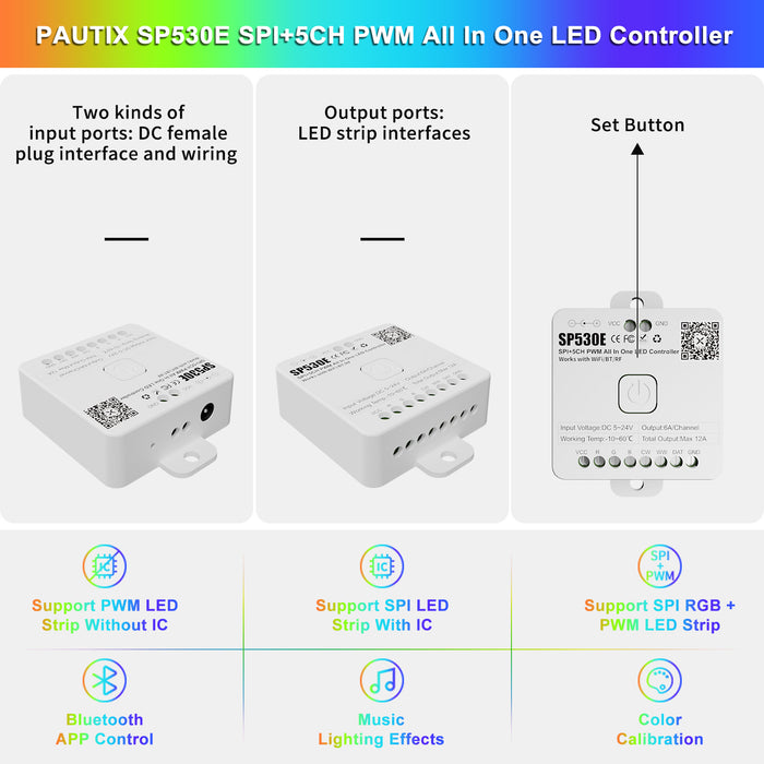 PAUTIX SP530E WiFi Alexa Bluetooth LED Controller Support PWM Monochrome CCT RGB RGBW RGBCCT or SPI TTL IC Chip LED Strip