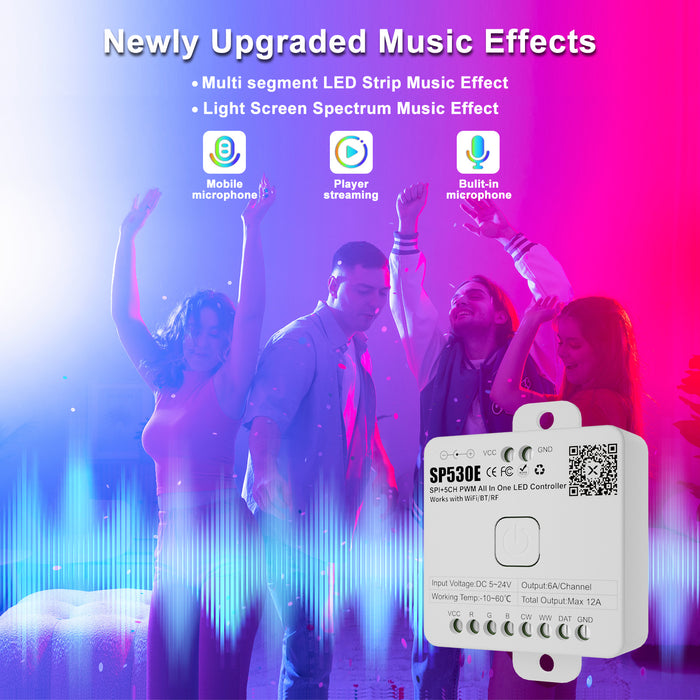 PAUTIX SP530E WiFi Alexa Bluetooth LED Controller Support PWM Monochrome CCT RGB RGBW RGBCCT or SPI TTL IC Chip LED Strip