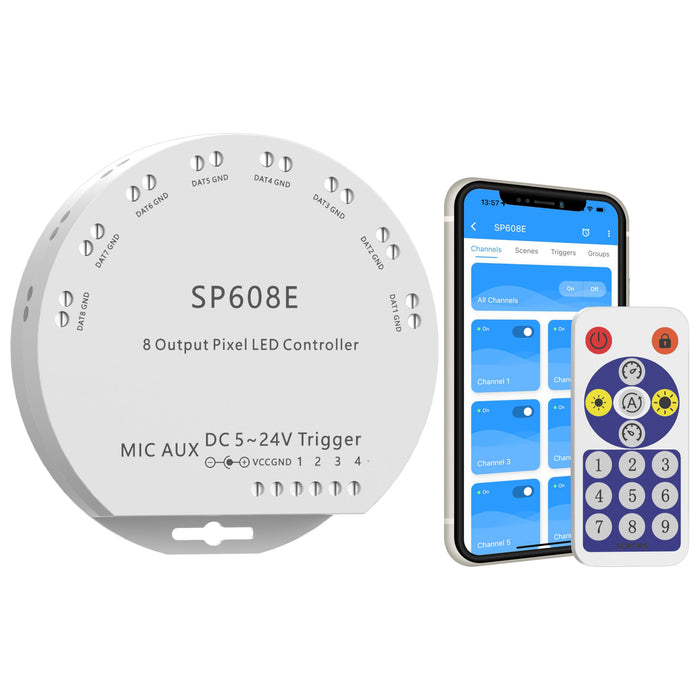 PAUTIX SP608E Bluetooth SPI Controller with 8 Signal Outputs for Work with RGB Smart IC COB LED Strips