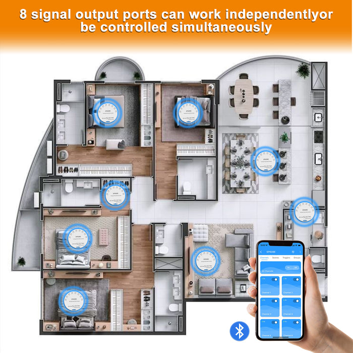 PAUTIX SP608E Bluetooth SPI Controller with 8 Signal Outputs for Work with RGB Smart IC COB LED Strips