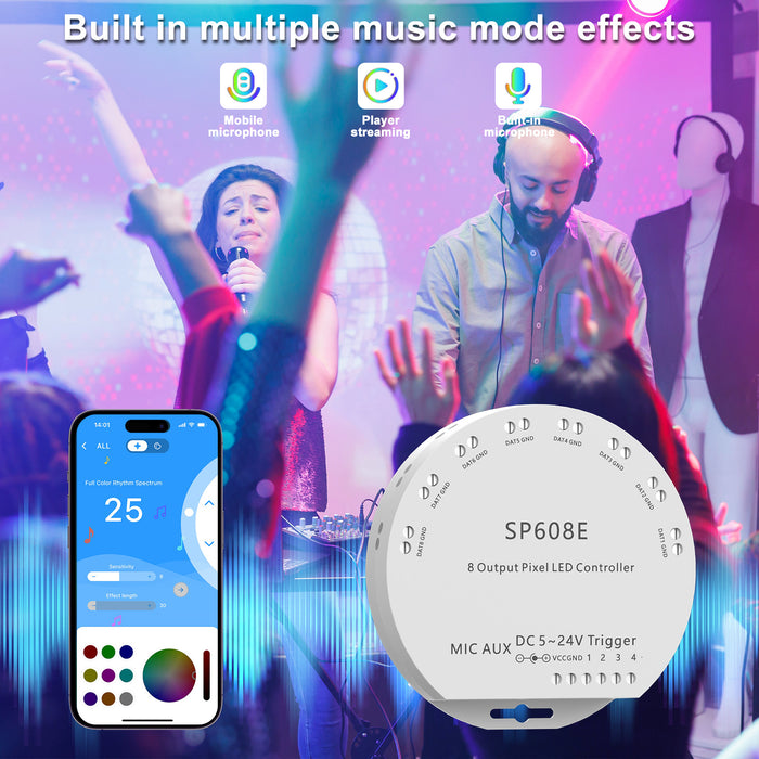 PAUTIX SP608E Bluetooth SPI Controller with 8 Signal Outputs for Work with RGB Smart IC COB LED Strips