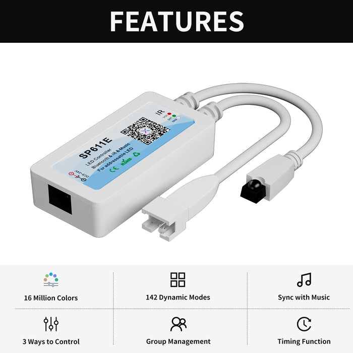 PAUTIX SP611E Bluetooth Music Pixel LED Smart Controller Kit,for Addressable RGB LED Strip with Smart IC