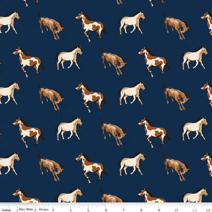 Pillowcase - Wild Rose Horses Navy Cotton
