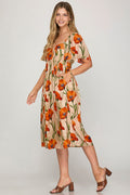 Poppies Flutter Sleeve Midi Dress