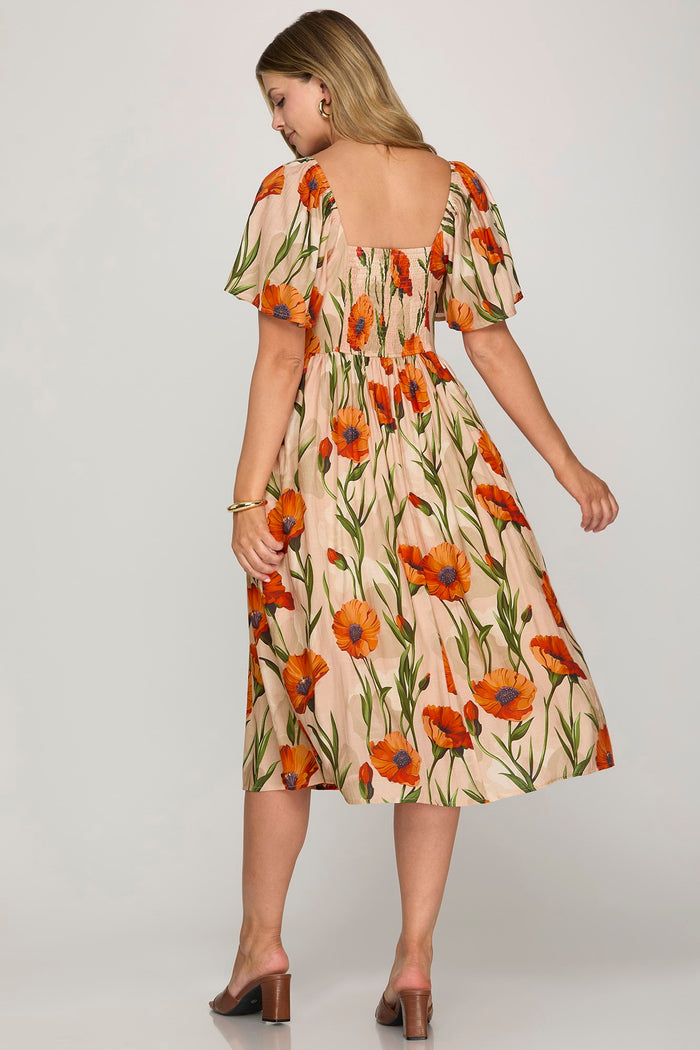 Poppies Flutter Sleeve Midi Dress
