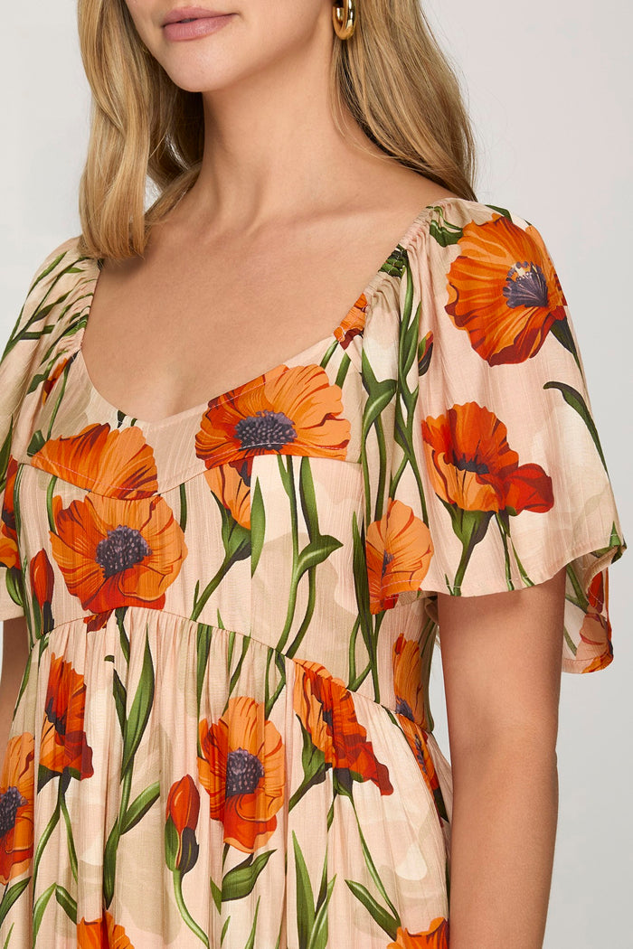 Poppies Flutter Sleeve Midi Dress