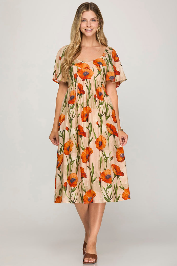 Poppies Flutter Sleeve Midi Dress