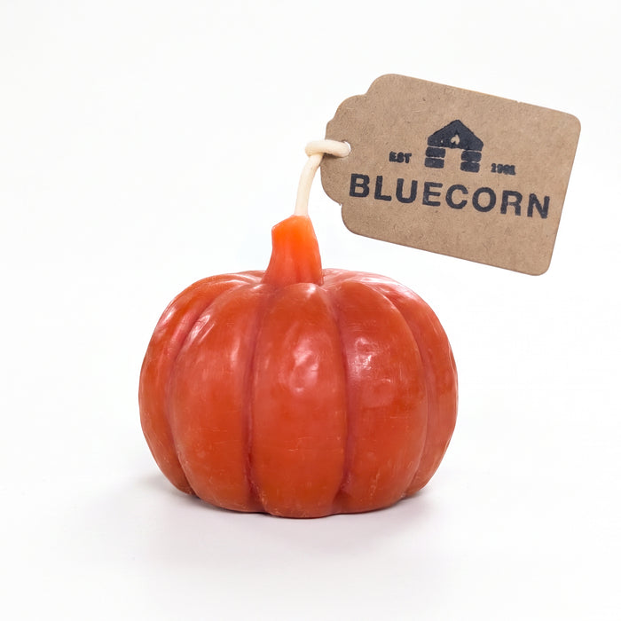 Terracotta pumpkin shaped candle made with beeswax by Bluecorn Candles on a white background