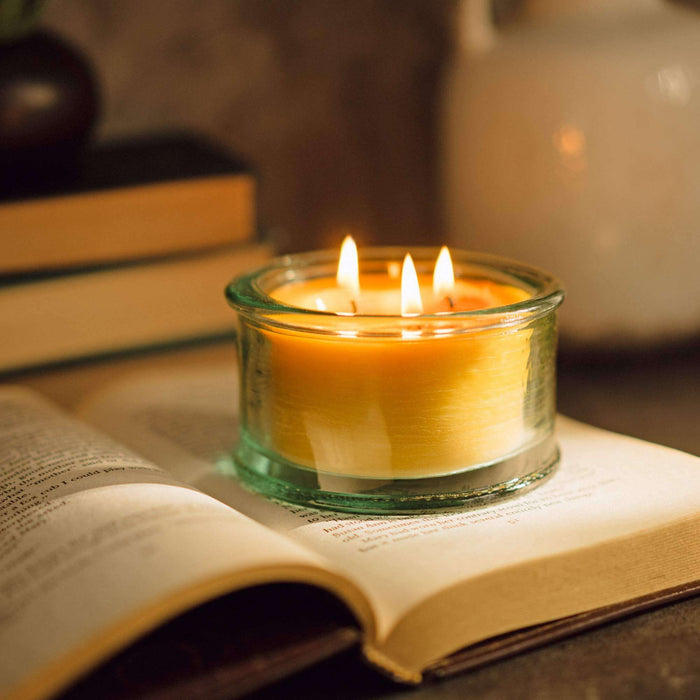 3-wick pure beeswax candle burning