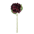 Real Touch Hydrangea Crimson with a full deep crimson and wine-toned bloom, green leaves and a long slender stem.