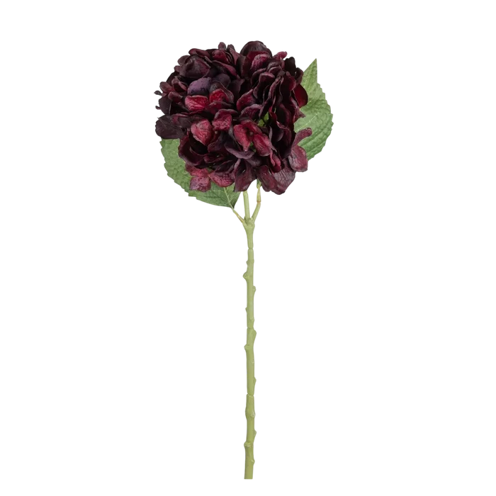 Real Touch Hydrangea Crimson with a full deep crimson and wine-toned bloom, green leaves and a long slender stem.