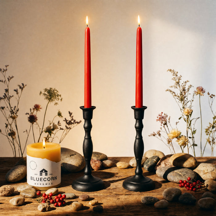 red beeswax taper candles from bluecorn with a pure beeswax pillar candle
