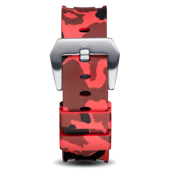 Red Camo Strap With Silver Buckle designed for men, featuring a bold red camouflage pattern and a polished silver buckle, combining luxury style with durable materials.
