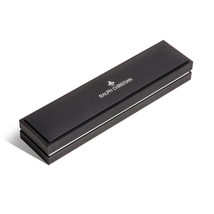 Black rectangular Ralph Christian jewelry box with clean lines and white logo text, designed for the Red Camo Strap With Silver Buckle men's luxury watch packaging.