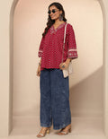 Red Printed Cotton A-Line Short Kurti