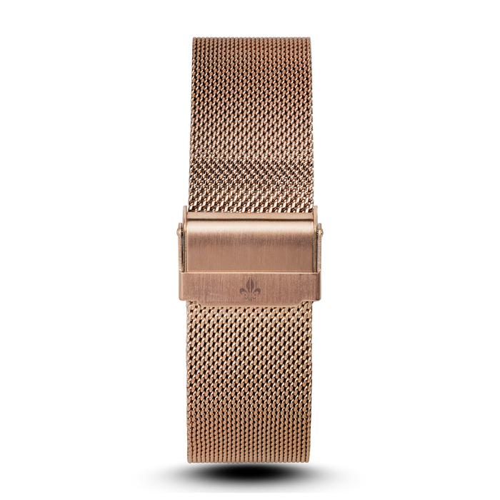 Rose Gold Mesh Interchangeable Strap for men's luxury watches, featuring a finely woven rose gold mesh design with a secure clasp engraved with a subtle emblem.