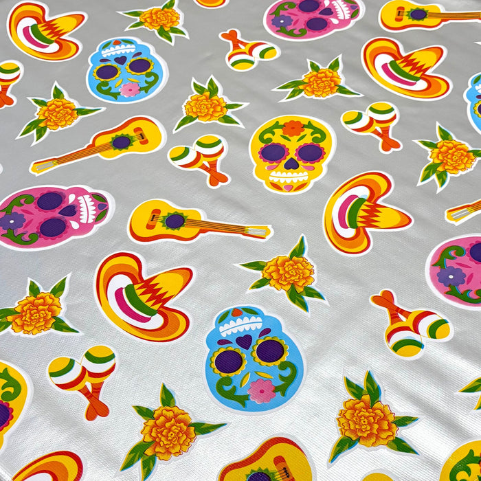 freckled sage skulls on silver oilcloth swatch