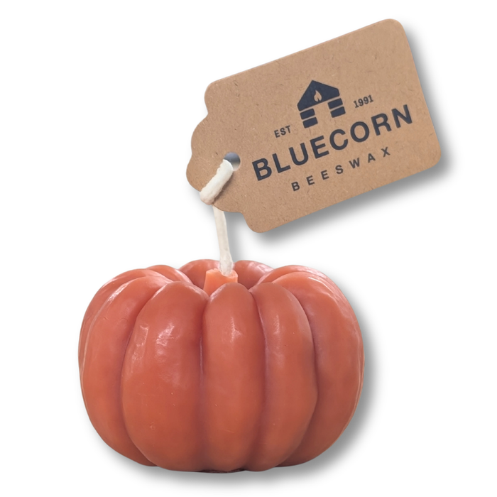 Pumpkin spice scented beeswax pumpkin shaped candle in orange with a Bluecorn Beeswax kraft tag