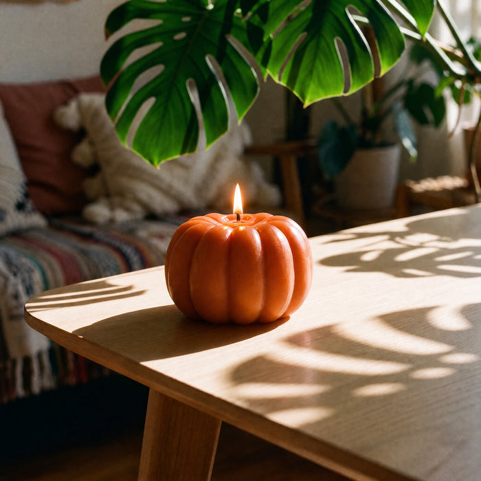 Pumpkin spice scented beeswax pumpkin shaped candle styled with fall decor