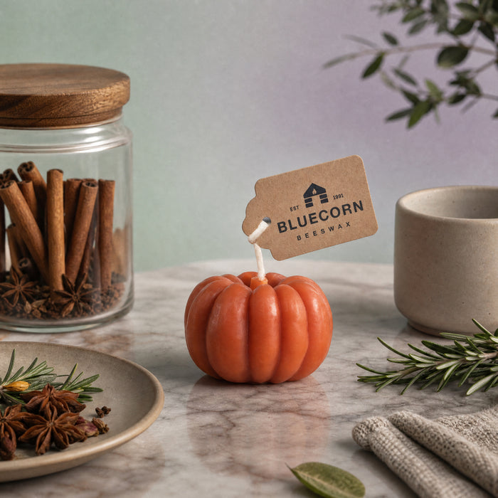 Orange beeswax pumpkin shaped candle, 4 inches wide, on an autumn table
