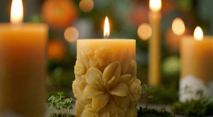 decorative floral beeswax pillar candle with other beeswax pillars and tapered candles in the background