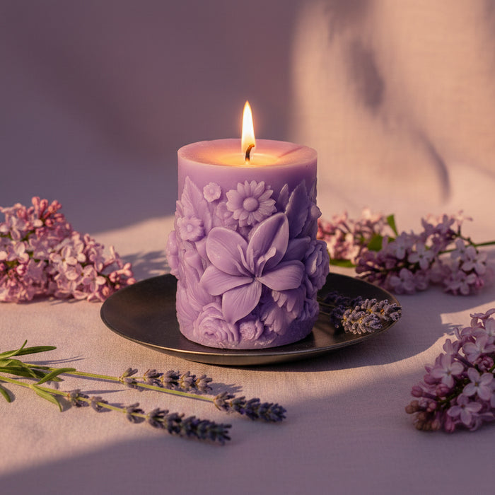 Lit lilac Sculpted Floral Design Beeswax Pillar Candle