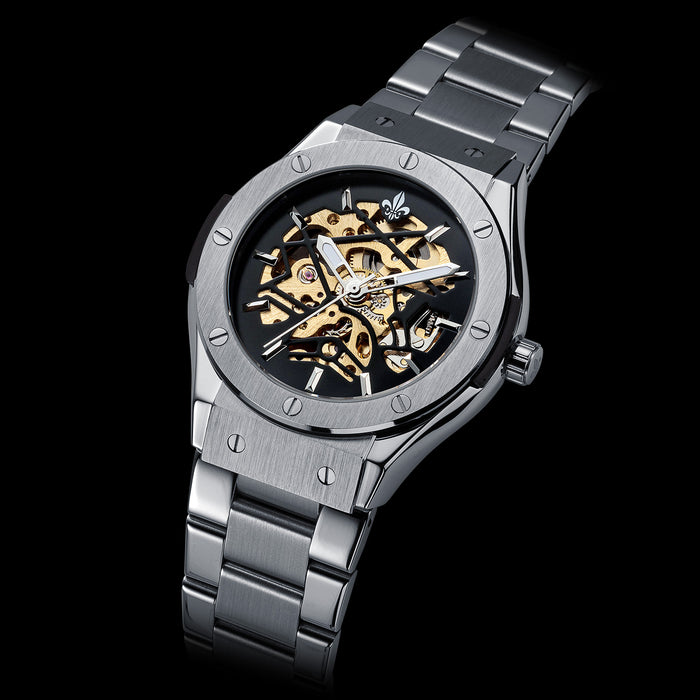 Silver Link Butterfly Band - Prague Deluxe men's luxury watch featuring a silver metal link bracelet and a bold skeleton dial showcasing intricate gold-toned inner mechanics and a brushed steel bezel.